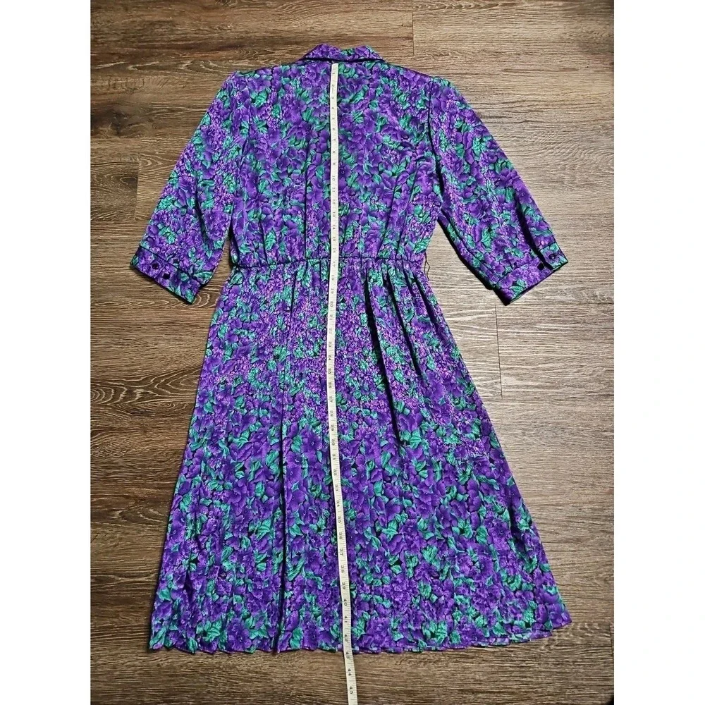 Vintage 80's Breli Original‎ Green & Purple Floral Belted Dress Size:12